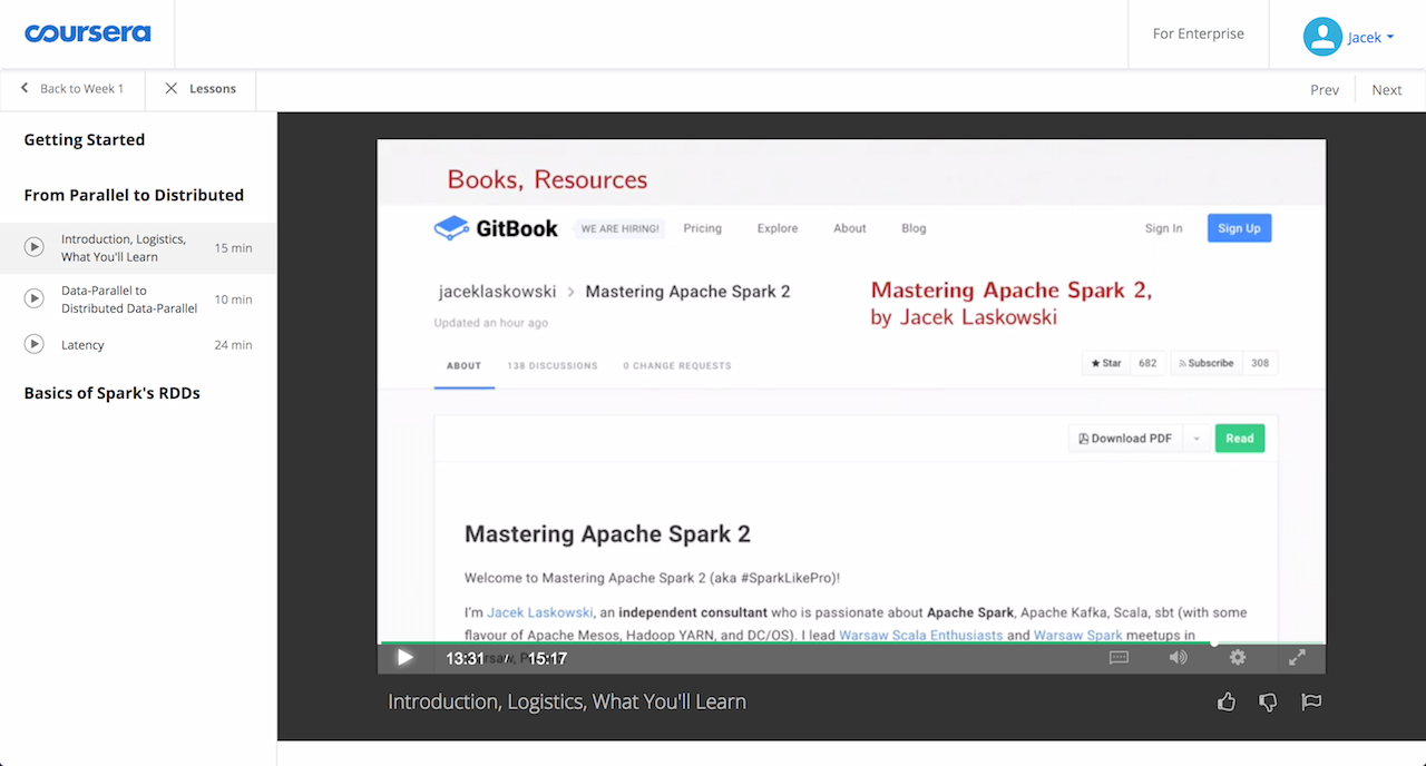 Mastering Apache Spark featured in Big Data course at Coursera